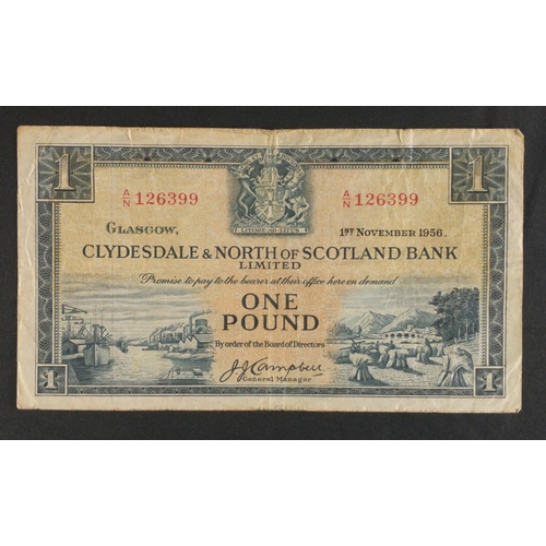 46 - 1956 CLYDESDALE & NORTH of SCOTLAND £1 banknote.  A/N Prefix.  With wear and marks to reverse bu... 