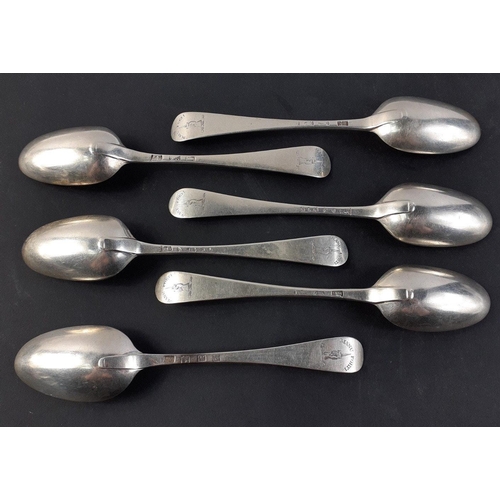 478 - Six sterling silver Georgian dessert spoons by Thomas & William Chawner. Indistinct year marks. ... 