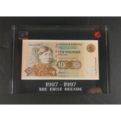 48 - CLYDESDALE BANK 1987 £10 Ten Pound banknote in acrylic slab.  A Fred Goodwin momento !  Presented to... 