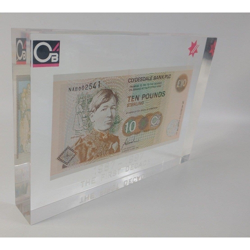 48 - CLYDESDALE BANK 1987 £10 Ten Pound banknote in acrylic slab.  A Fred Goodwin momento !  Presented to... 