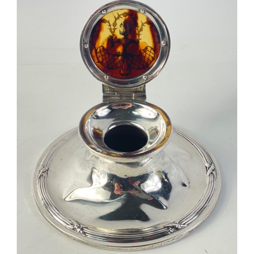 488 - A gorgeous Capstan solid silver inkwell with an exquisite tortoise shell lid and chased silver inser... 