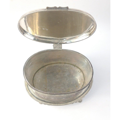 491 - A versatile oval white metal lidded box -  tea caddy, tobacco jar or biscuit barrel, on its own base... 