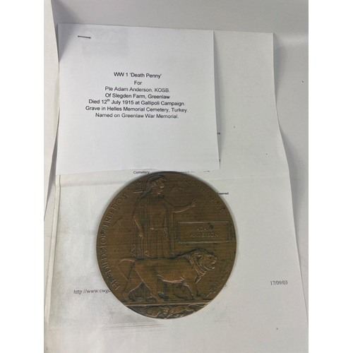 518 - A WWI death penny/plaque awarded in memory of Adam Anderson KSOB of Greenlaw who died in 1915 during... 