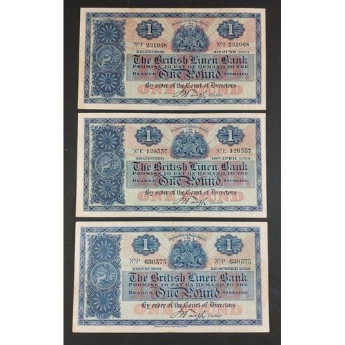 52 - Scottish Banknotes..  The British Linen Bank One Pound notes x 3.  1928 with light crease, 1934 x2 b... 