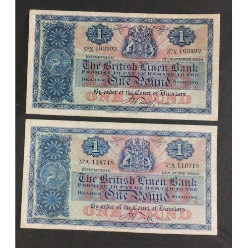 53 - Scottish Banknotes.  The British Linen Bank One Pound notes x 2.  1938 X note and 1939 A note. Both ... 