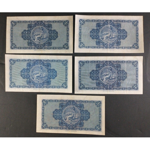 54 - Scottish Banknotes from a superior collection.  The British Linen Bank One Pound notes x 5.  1942 / ... 