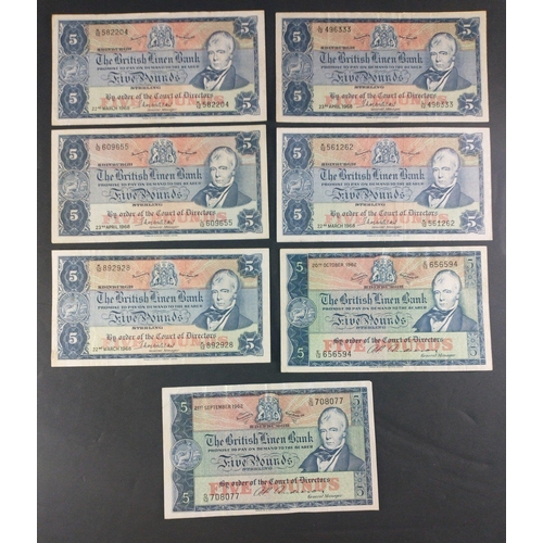 57 - Scottish Banknotes from a superior collection.  The British Linen Bank Five Pound notes x 7, 2 x 196... 