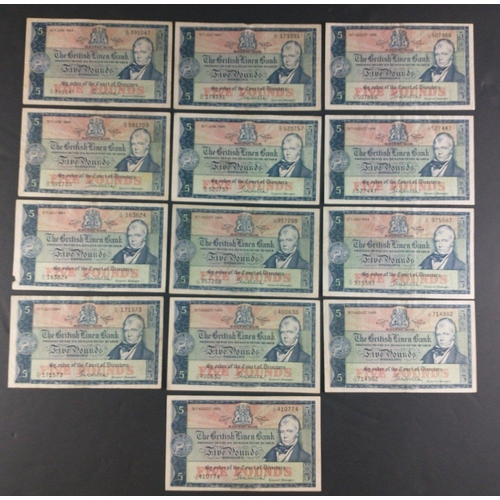 58 - Scottish Banknotes from a superior collection.  The British Linen Bank Five Pound notes x 13.  All d... 