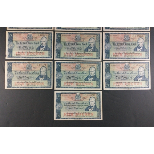 58 - Scottish Banknotes from a superior collection.  The British Linen Bank Five Pound notes x 13.  All d... 