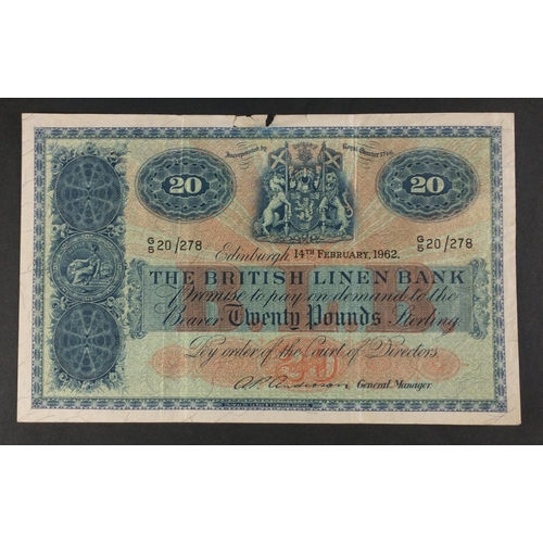 61 - Scottish Banknotes from a superior collection.  The British Linen Bank Twenty Pound note.  1962 G5 2... 