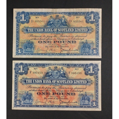 62 - Scottish Banknotes from a superior collection.  The Union Bank of Scotland one pound notes x 2.  192... 