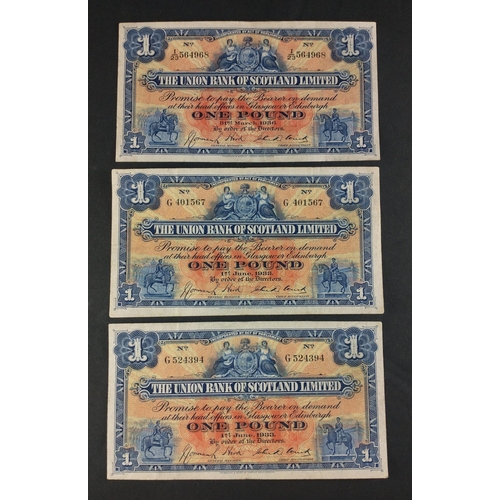 63 - Scottish Banknotes from a superior collection.  The Union Bank of Scotland one pound notes x 3.  193... 