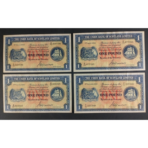 65 - Scottish Banknotes from a superior collection.  The Union Bank of Scotland one pound notes x 4. 1949... 