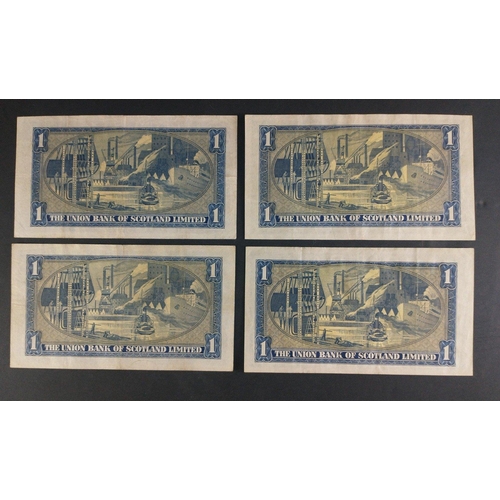 65 - Scottish Banknotes from a superior collection.  The Union Bank of Scotland one pound notes x 4. 1949... 