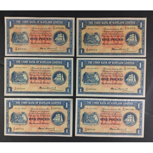 66 - Scottish Banknotes from a superior collection.  The Union Bank of Scotland one pound notes x 6.  All... 