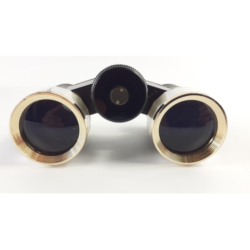 680 - A pair of BRASSER 3x27 black and pearl finish opera binoculars with carry case#321