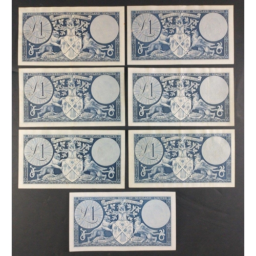 72 - National Commercial Bank of Scotland Ltd. 1959 One Pound £1 Banknotes x 7 including an unusual 1B Pr... 