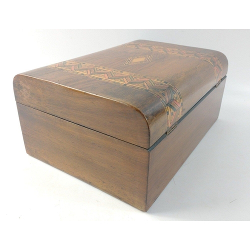 723 - A wooden jewellery box with inlaid zig zag design, 27x18x12cm.  Interior needs some TLC.#365