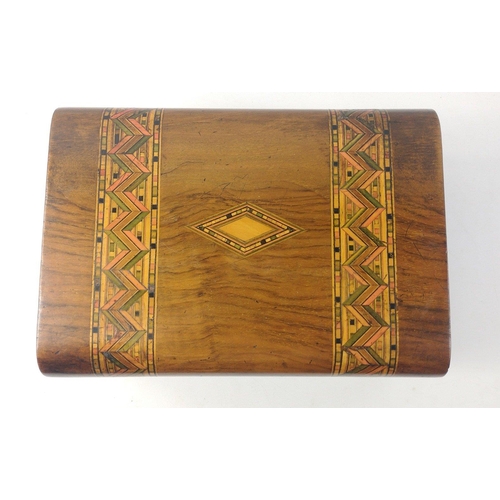 723 - A wooden jewellery box with inlaid zig zag design, 27x18x12cm.  Interior needs some TLC.#365