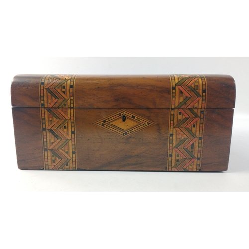 723 - A wooden jewellery box with inlaid zig zag design, 27x18x12cm.  Interior needs some TLC.#365