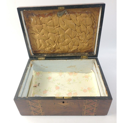 723 - A wooden jewellery box with inlaid zig zag design, 27x18x12cm.  Interior needs some TLC.#365