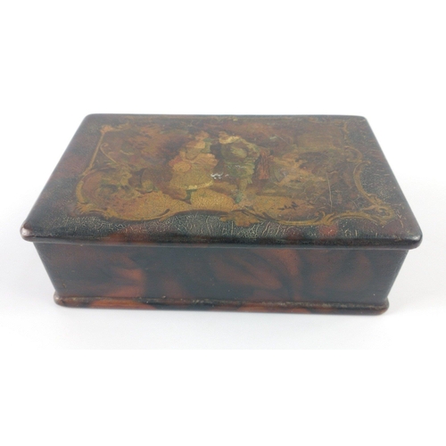 724 - A small wooden box with design of a courting couple on the lid 16x10x5cm plus contents of obsolete B... 