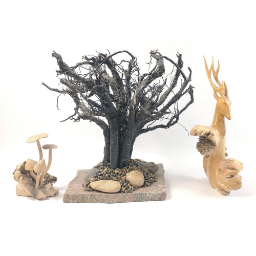 728 - Three unusual pieces of treen to include a tree with mushrooms growing from it 15cm tall, a carved a... 