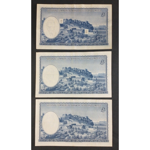 75 - National Commercial Bank of Scotland Ltd. 1960s Five Pound £5 Banknotes x 3. 1963 / 1966 / 1968.  Al... 