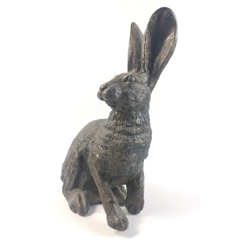 759 - A heavy, alert bronze hare, made in PEEBLES, standing approx 35cm tall#403