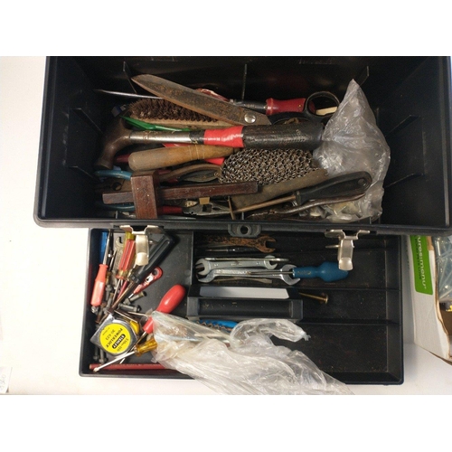 882 - Multi-level tool box and another box containing various screws. Tool box contains various screwdrive... 