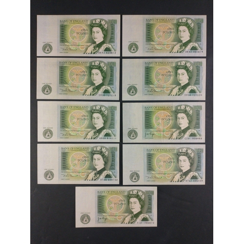 9 - UK Bank of England £1 green Jo Page and Somerset banknotes x9 in good collectible grades.#9