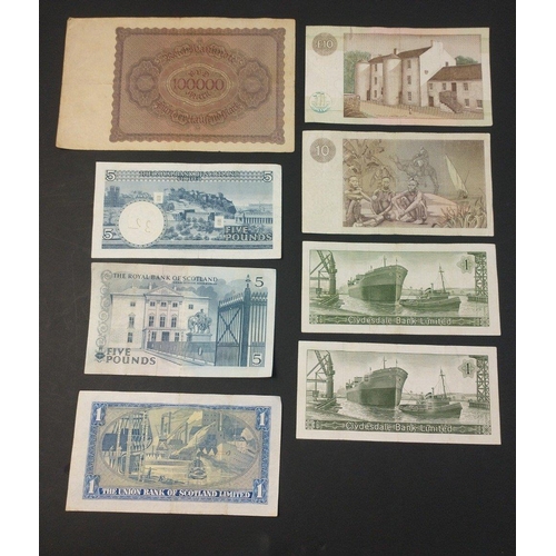 91 - An interesting lot of older loose United Kingdom and World Banknotes with wear to include two CLYDES... 