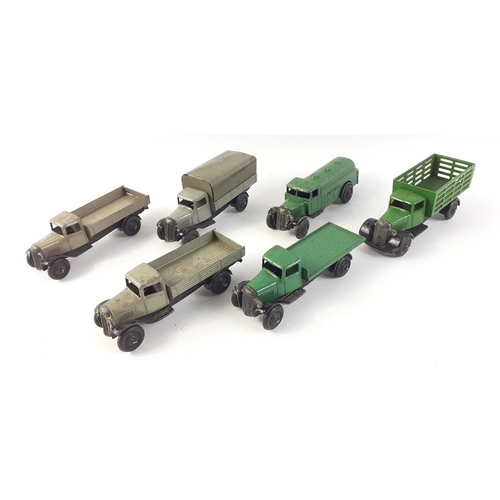 100 - DINKY Lorry Collection.  1940s Vintage Liverpool grey (three shades) Tipper No 25e Smooth Hubs x 3 O... 