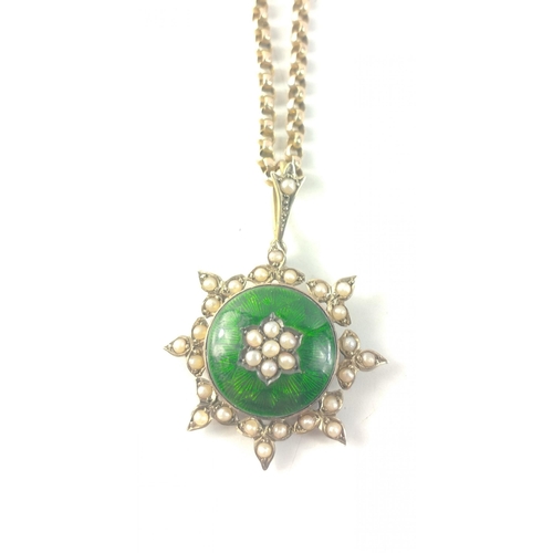 13 - A beautiful antique yellow metal green enamel pendant with seed pearls on a 9c stamped chain. All se... 