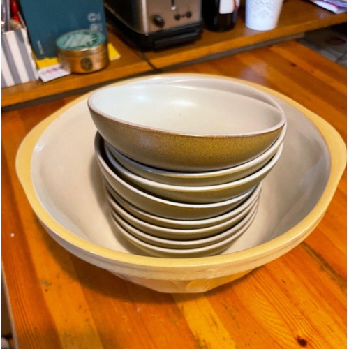 178 - A large ceramic baking bowl with 8 DENBY cereal bowls,#181
