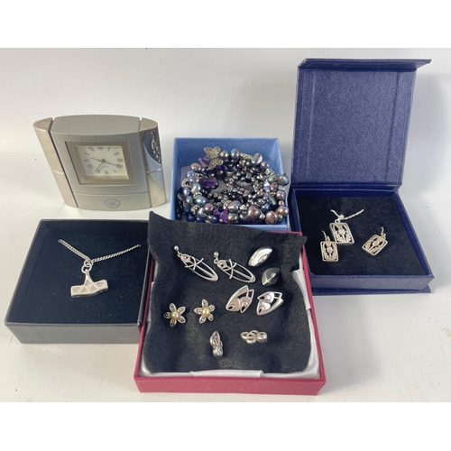 18 - Five pairs of silver earrings including one marcasite,  a silver chain with moon shaped pendant, a c... 