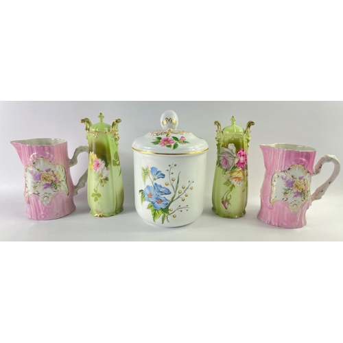 186 - A SPODE 'Stafford Flowers' biscuit barrel standing approx 24cm high plus a pair of pink floral jugs ... 