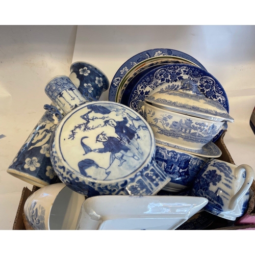 216 - QUALITY BOX! A box FULL of ANTIQUE blue and white ceramics to include plates and a wee lidded tureen... 
