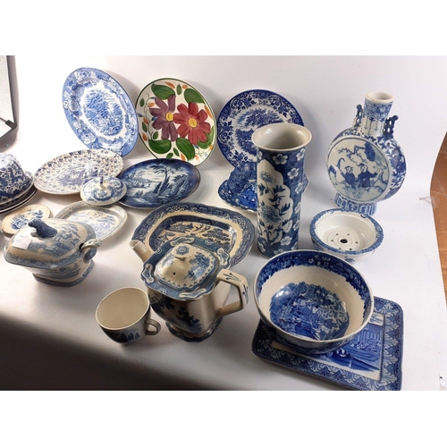216 - QUALITY BOX! A box FULL of ANTIQUE blue and white ceramics to include plates and a wee lidded tureen... 