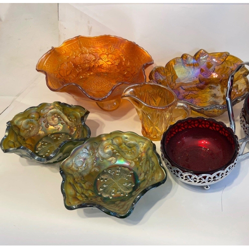 231 - CARNIVAL glass ware and tw other similar green glassware dishes(does not include the twin red dish E... 