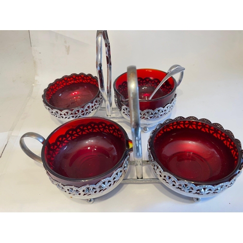 232 - A pair of Vintage CRANBERRY glass inspired and pierced white metal hostess snacking carriers#236