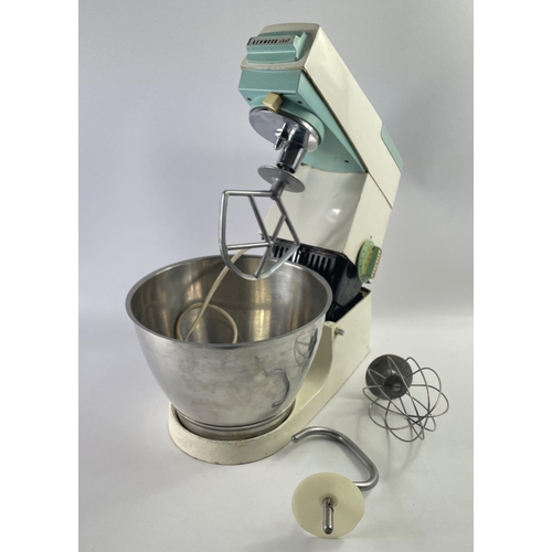 388 - A vintage KENWOOD CHEF mixer in white with light blue trim complete with three mixing hooks#401