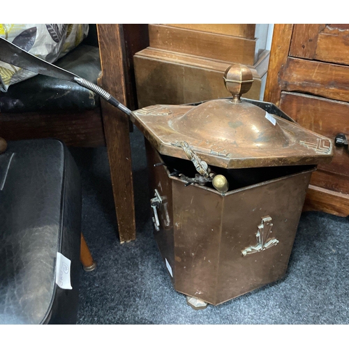 403 - A lidded copper octagonal fireside box 29x29x32cm with a poker, shovel, 2 toasting forks and a flexi... 