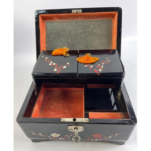 42 - An OPULENT ORIENTAL lacquered wind-up jewellery box with a peacock-form bird handpainted on the top ... 