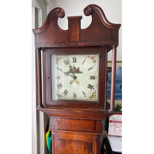 52B - VICTORIAN c1880 mahogany cased Grandfather clock with painted rural scene on the clockface, with Rom... 