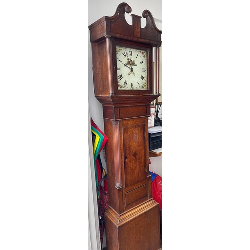 52B - VICTORIAN c1880 mahogany cased Grandfather clock with painted rural scene on the clockface, with Rom... 