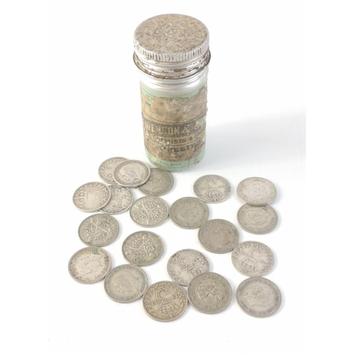 68 - A small screw top tin bottle containing 20 pre 1947 three pence coins.  Total gross weight 27.7g app... 