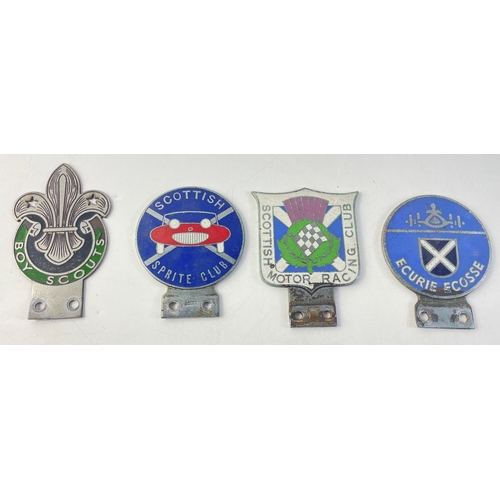 74 - Three vintage car badges, some rare to include ECURIE ECOSSE, SCOTTISH MOTOR RACING CLUB and BOY SCO... 