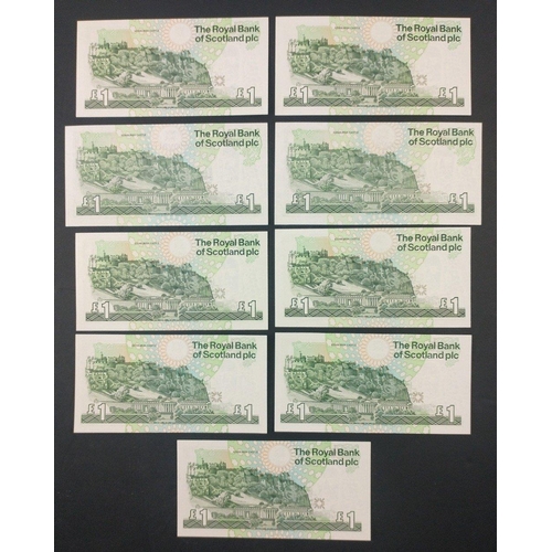 10 - A group of nine mixed ROYAL BANK OF SCOTLAND One Pound banknotes. Includes a sequential run of three... 