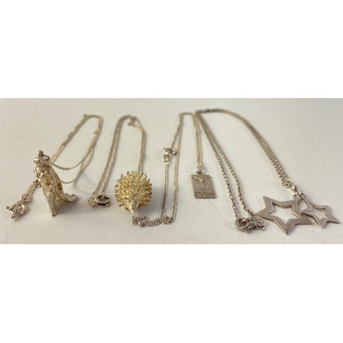 108 - Four rather lovely silver pendants on silver chains, includes a beautiful hedgehog charm and one of ... 